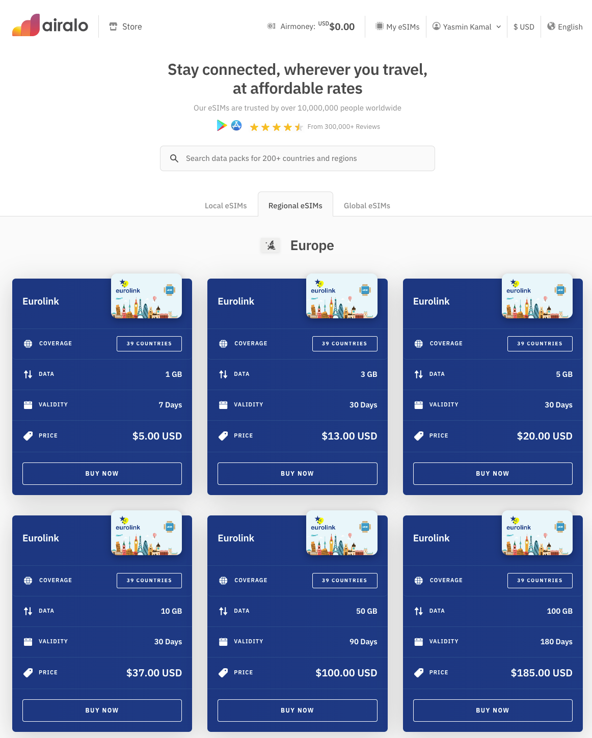 Airalo Eurolink eSIM Airalo Eurolink eSIM plans which includes 39 countries